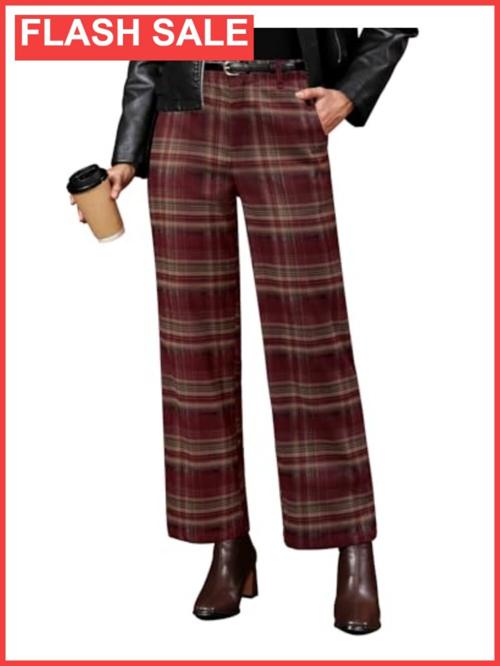 Wide Leg High Waisted Plaid Trousers with Pockets
